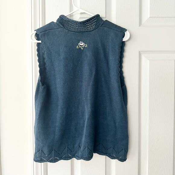 Capacity Petites Vintage 90s Blue Floral Pointelle Knit Button Vest Sweater MP - Picture 9 of 10